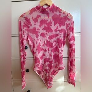 Pink Cow Print Sheer Bodysuit
